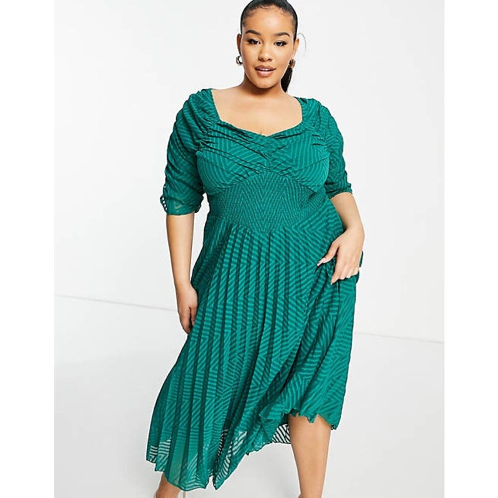 Asos Midi Dress Design Curve Ruched Front Pleated Chevron Forest Green NWT 26 - Picture 1 of 6